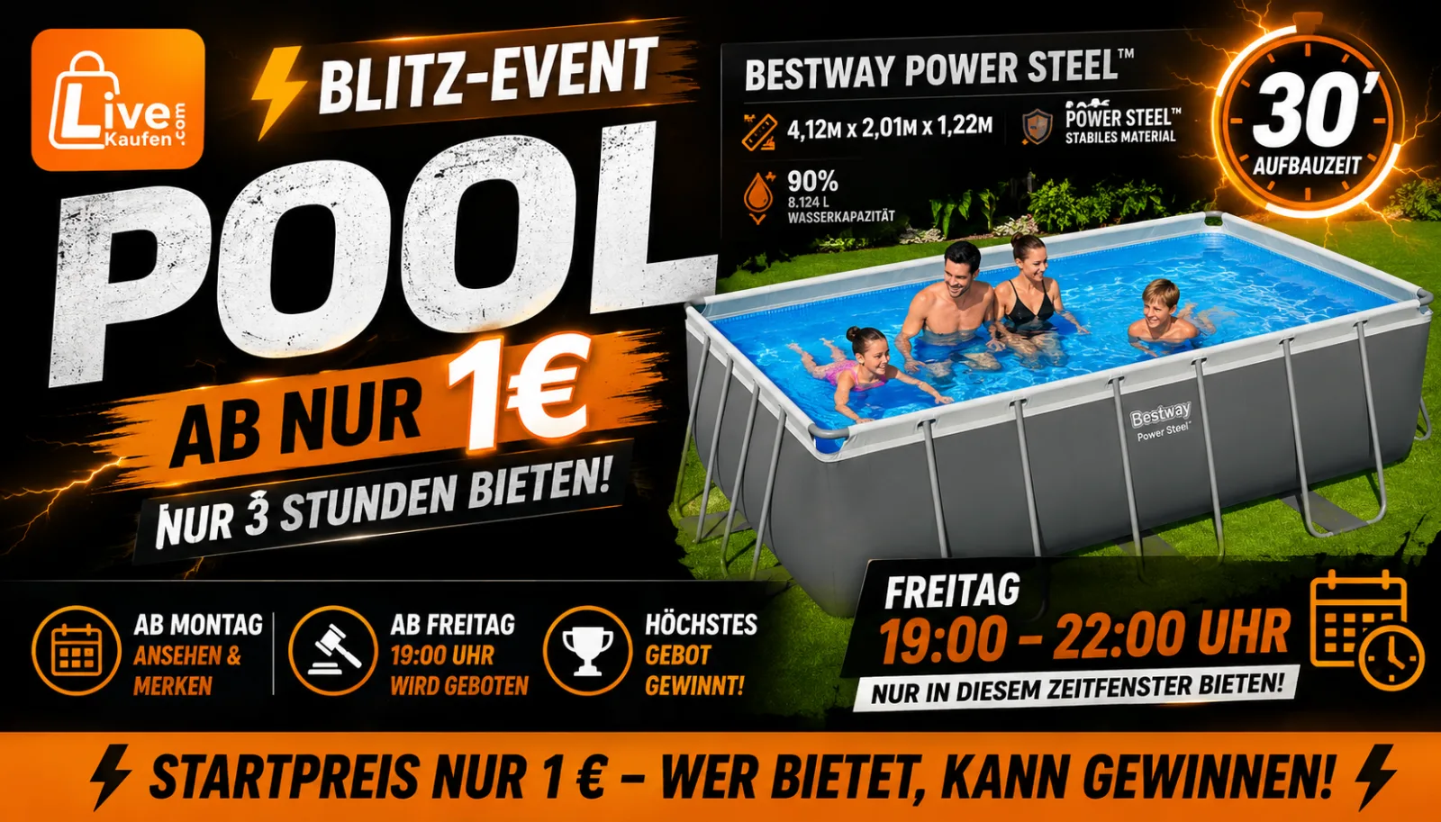 ⚡ BLITZ-EVENT: POOL AB 1 € – NUR 3 STUNDEN BIETEN! ⚡