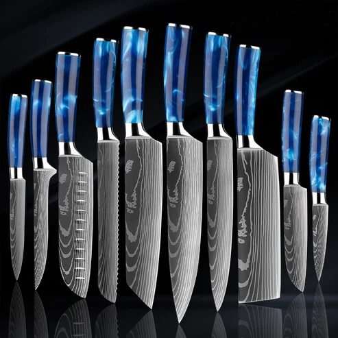 Küchenmesser Set 10-teilig Damastmuster blaue Griffe – Auktionsbild