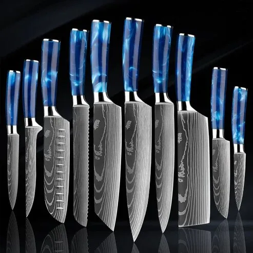 Küchenmesser Set 10-teilig Damastmuster blaue Griffe – Bild 1