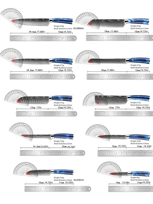 Küchenmesser Set 10-teilig Damastmuster blaue Griffe – Bild 3