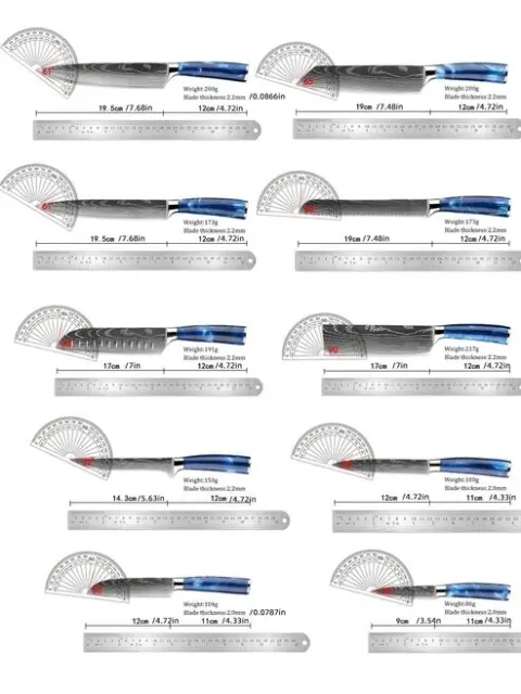 Küchenmesser Set 10-teilig Damastmuster blaue Griffe – Bild 3