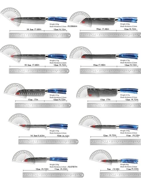 Küchenmesser Set 10-teilig Damastmuster blaue Griffe – Bild 3