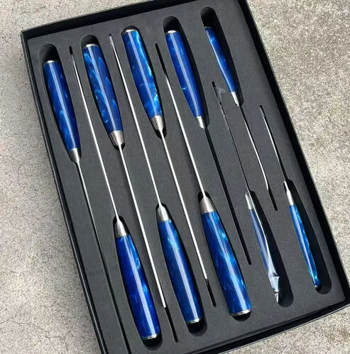 Küchenmesser Set 10-teilig Damastmuster blaue Griffe – Bild 4