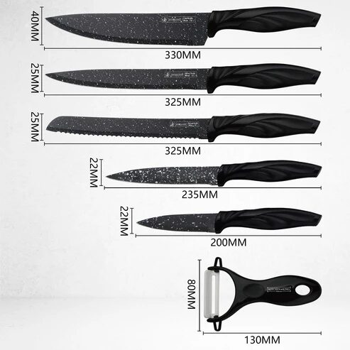 Küchenmesser Set 5 Messer und Schäler schwarz marmoriert – Auktionsbild