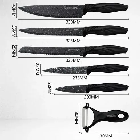 Küchenmesser Set 5 Messer und Schäler schwarz marmoriert – Bild 1