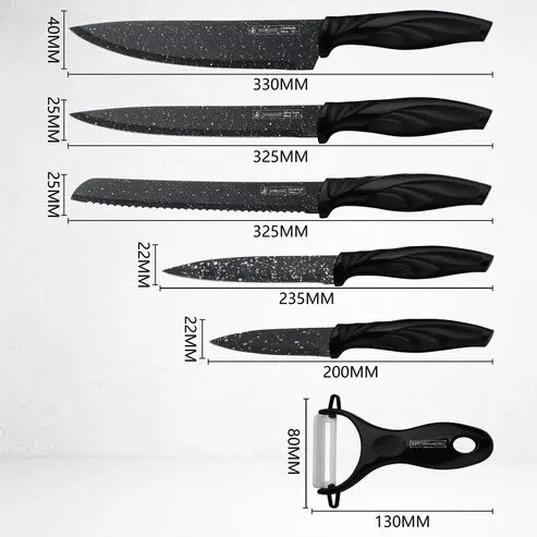 Küchenmesser Set 5 Messer und Schäler schwarz marmoriert – Bild 1