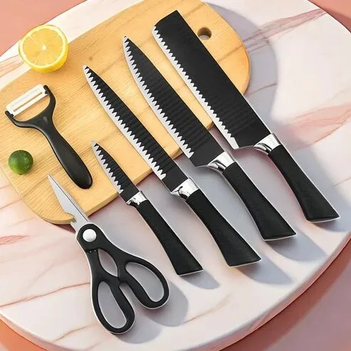 Küchenmesser Set 6-teilig mit Schere und Schäler schwarz – Bild 1