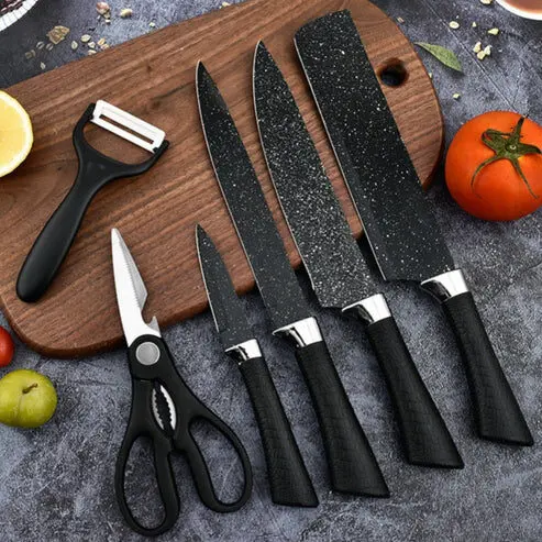 Küchenmesser Set 6-teilig schwarz marmoriert mit Schere Schäler – Bild 1