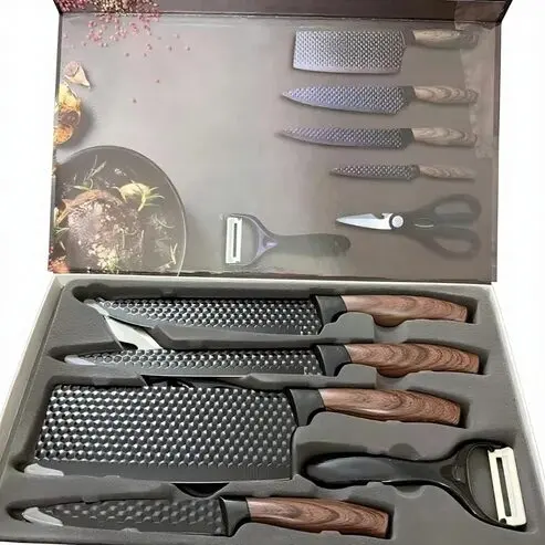 6-Teiliges Messerset in Schwarz mit Holzoptikgriff – Bild 1