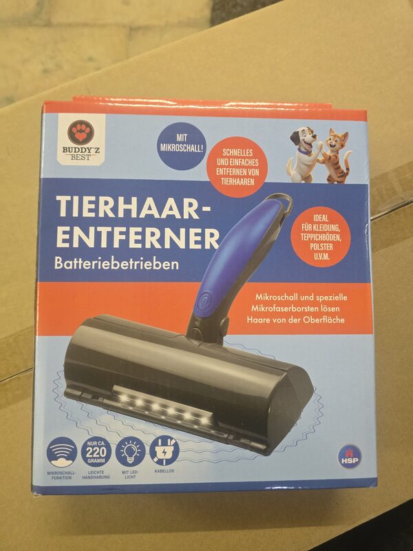 Verkaufe einen Buddy’z Best Tierhaar-Entferner, batteriebetrieben und originalverpackt. – Produktbild