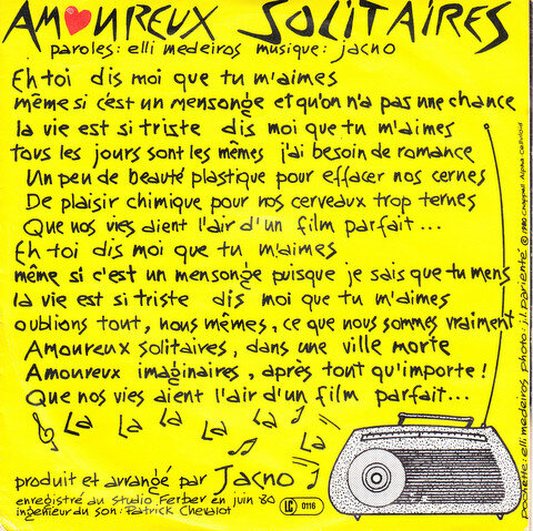 Lio – Amoureux Solitaires (Dis Moi Que Tu M'aimes) (Single) – Bild 2