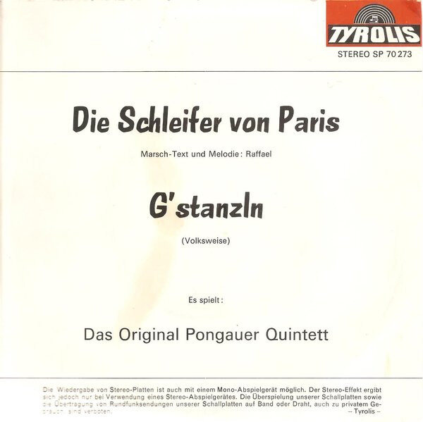 Das Original Pongauer Quintett – Die Schleifer Von Paris (Originalaufnahme - Nur Für Erwachsene) (Single) – Bild 2