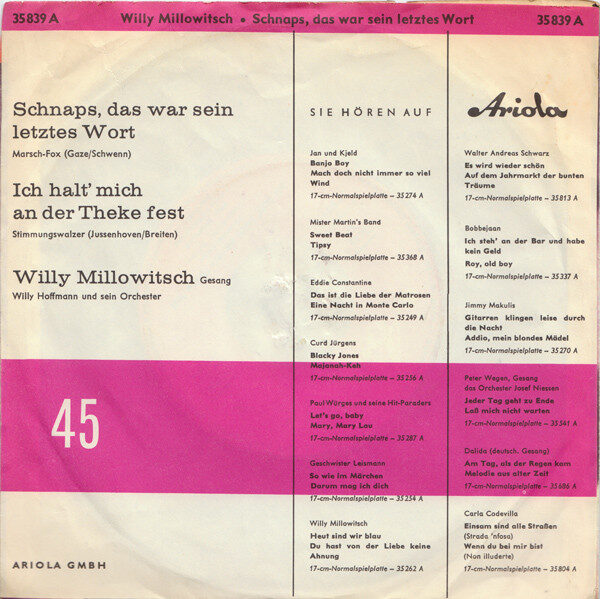 Willy Millowitsch – Schnaps, Das War Sein Letztes Wort / Ich Halt' Mich An Der Theke Fest (Single) – Bild 2