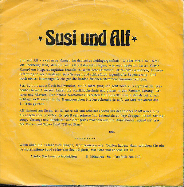 Susi Und Alf* – Ich Lebe Nur Für Dich Allein / Nun Sind Wir Beide Ein Paar (Single) – Bild 2