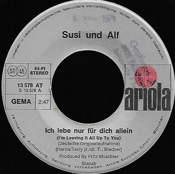 Susi Und Alf* – Ich Lebe Nur Für Dich Allein / Nun Sind Wir Beide Ein Paar (Single) – Bild 3